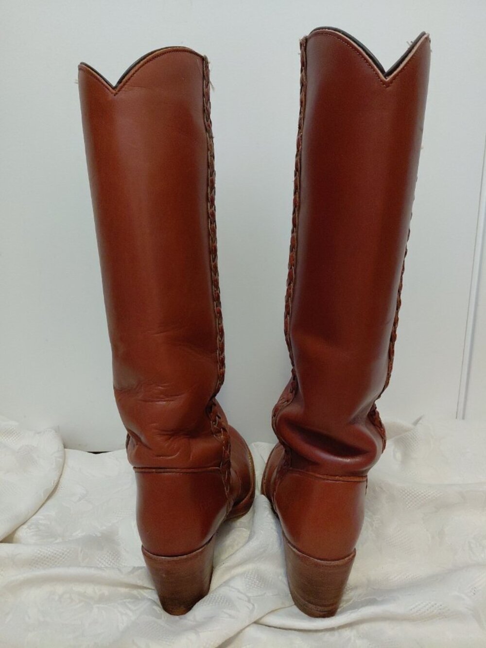 FRYE Vintage 70s Braided Sabrina Campus Boots Tall USA Made Womens 8.5 Brown - Picture 5 of 13